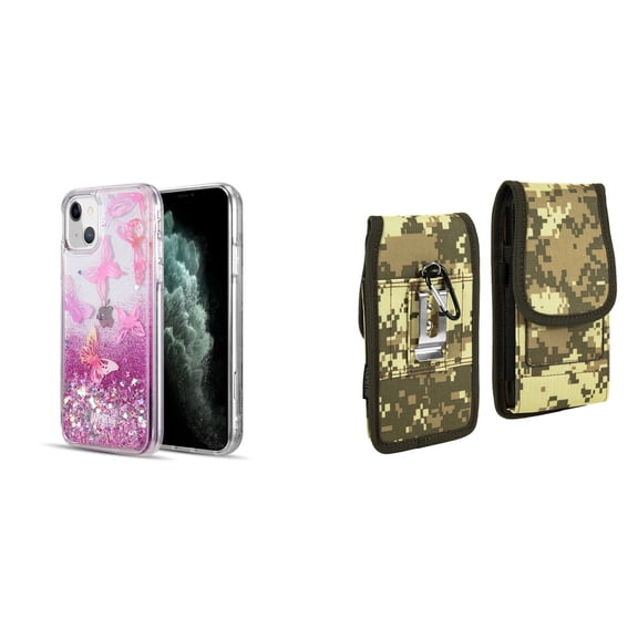 Liquid Glitter Case for iPhone 14 Plus and Belt Holster Pouch (Pink Butterfly/ACU)