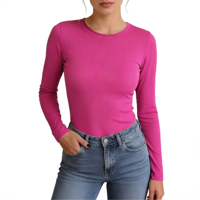 Fgnfyis T-Shirts à Manches Longues pour Femmes, Col Ras du Cou Extensible, T-Shirt Côtelé Ajusté, T-Shirts Basiques Décontractés pour Femmes, Rose Vif, TP
