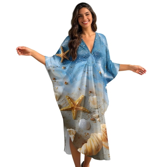 DISNIMO Beach Starfish Printed Womens Caftan Dress Plus Size V Neck Kaftan Dresses Batwing Sleeve Swimsuit Coverup Loose Fit Women's Long Cover Up for Bathing Suit