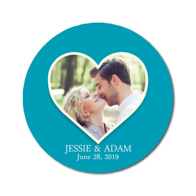 Darling Souvenir Round 45 Pcs Heart Custom Photo Labels Save The Date Stickers Personalized Bride Groom Names And Date Envelope Seals - Turquoise