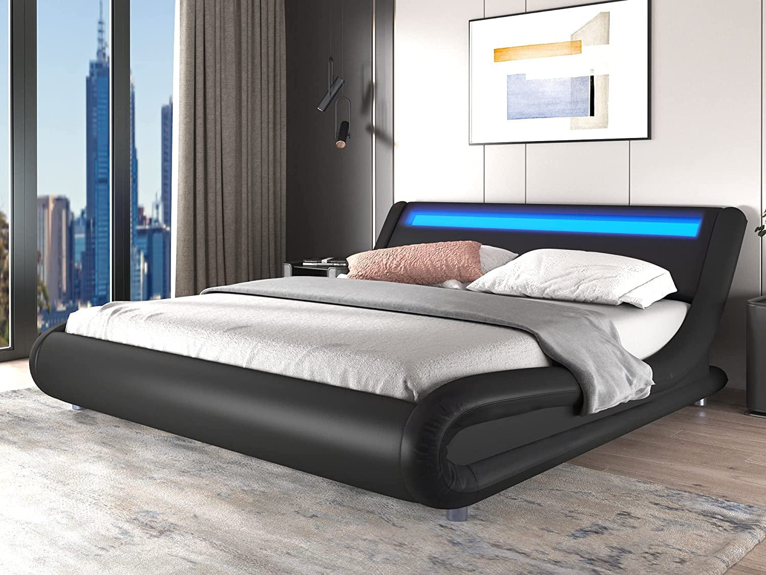QUEEN SIZE Modern Bed Frame Bedroom Platform w/LED Light Headboard Black New 