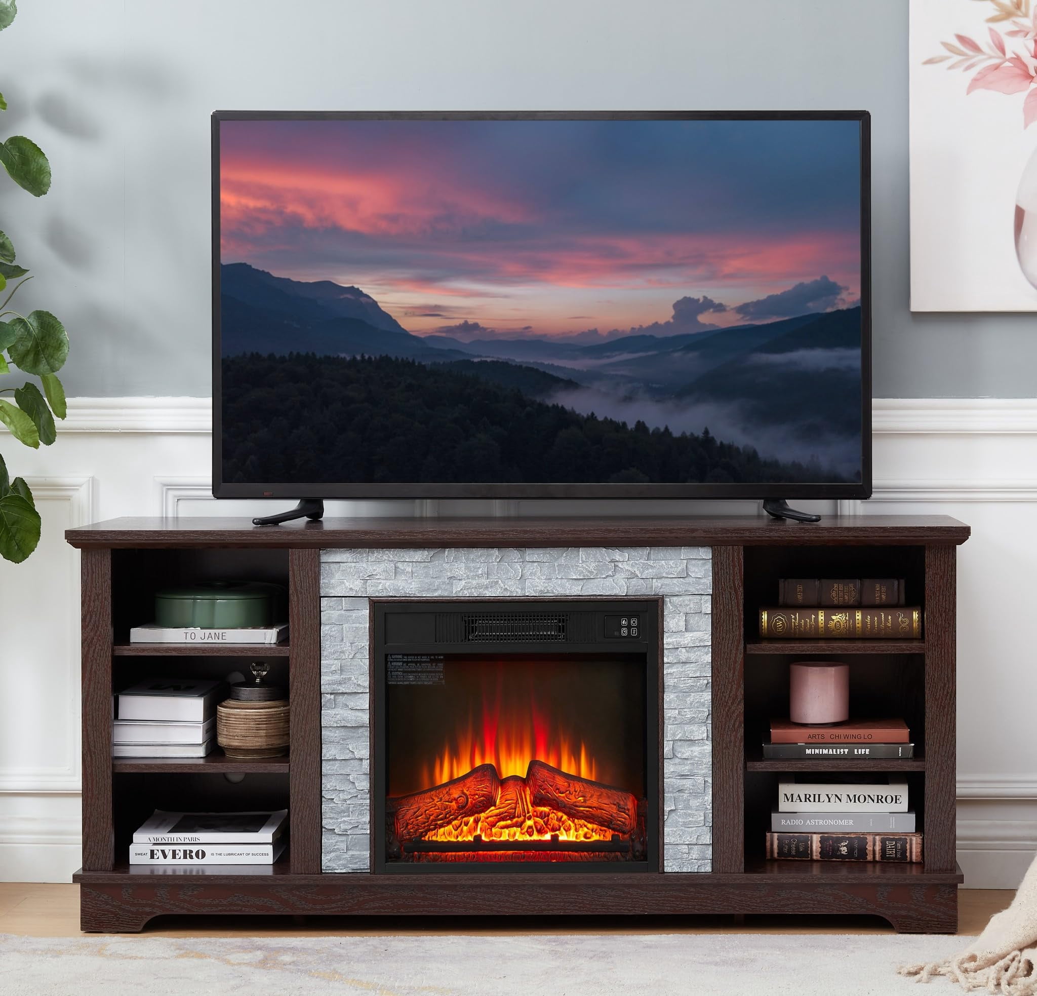 Eyisean 58" W Wooden Entertainment Center with Fireplace, Faux Stacked Stone Surround, TV Stand with 18'' Electric Fireplace, TV Console Table for Living Room