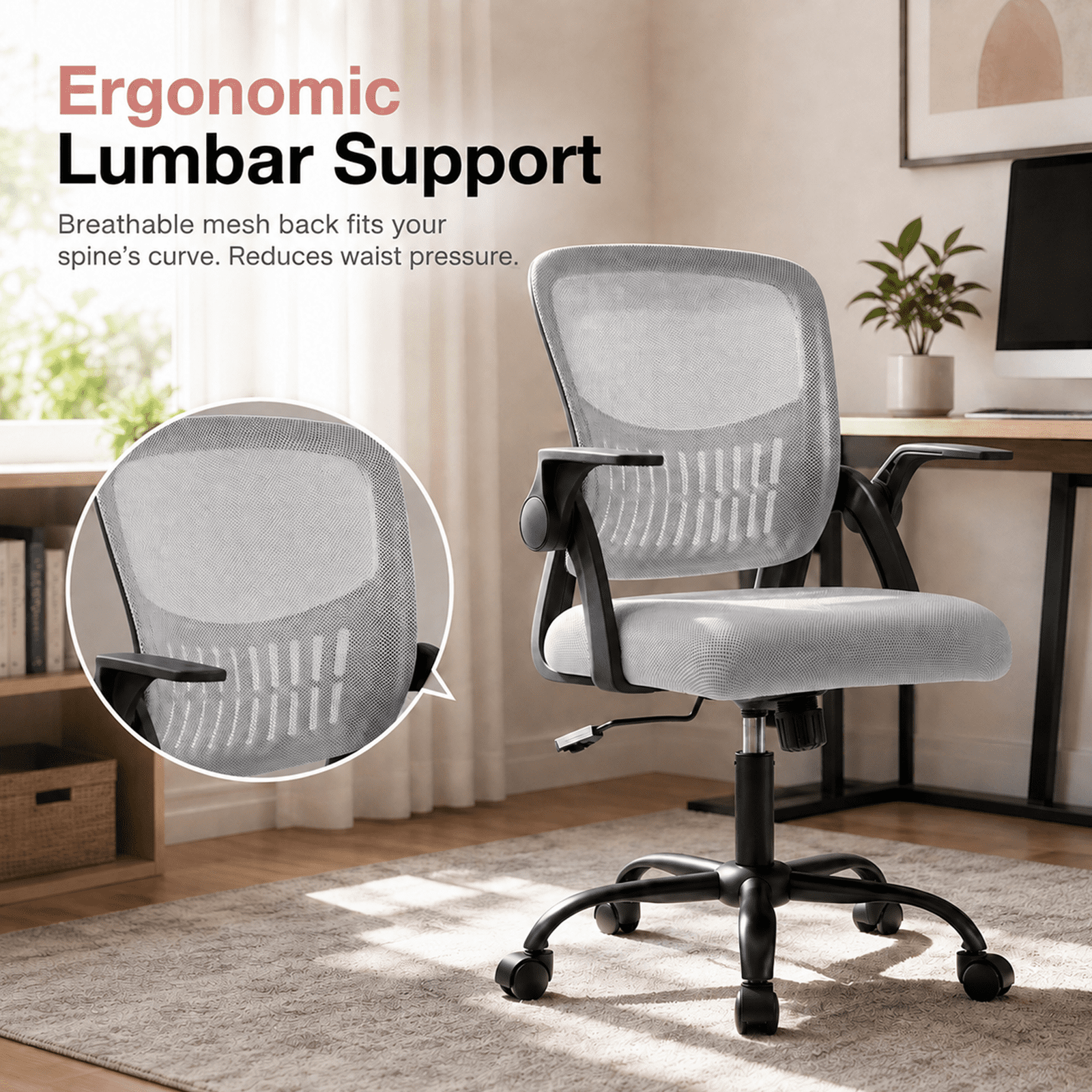 Alvantor Ergonomic Office Chair, Lumbar Support, Height Adjustable, Flip-up Armrest, Rocking Mode, 360 Swivel, Conference Room