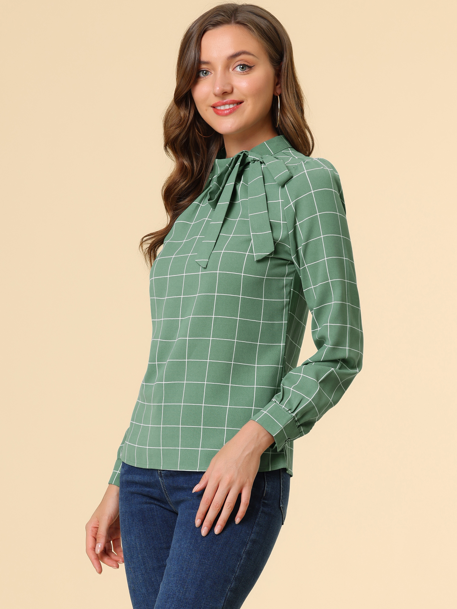 DARING DIVA Bow-Tie Neck Office Work Checks Shirt Top XL Green