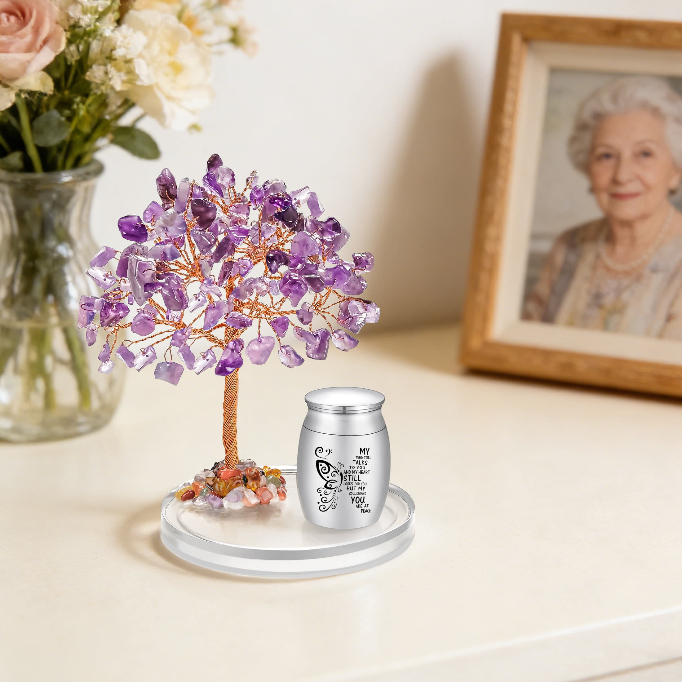 XIUDA Small Urns for Human Ashes Keepsake, Purple Stainless Steel Mini Urn  with Amethyst Crystal Tree -Decoration Butterfly Cremation Keepsake