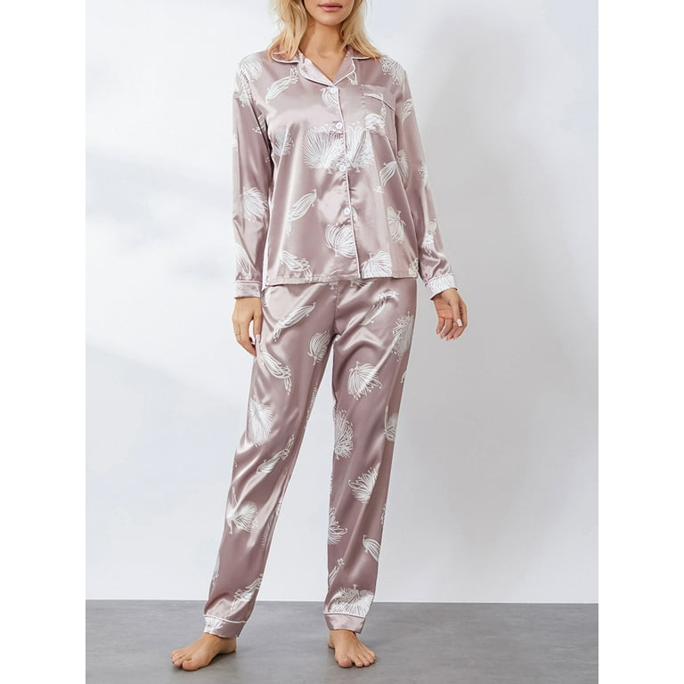 Women Satin Pajama Set Peacock Print Long Sleeves Button Shirt and
