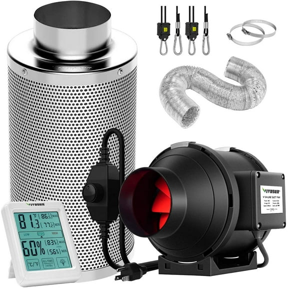 VIVOSUN 4In 190CFM Inline Fan with Speed Controller, 4 In Carbon Filter,8 Ft of Ducting, Temperature Humidity Monitor for Grow Tent Ventilation