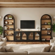 3-Piece Retro TV Stand Set for 70" TV, Bookshelf Entertainment Center w/ Arched Glass Doors, Farmhouse Sideboard, Black