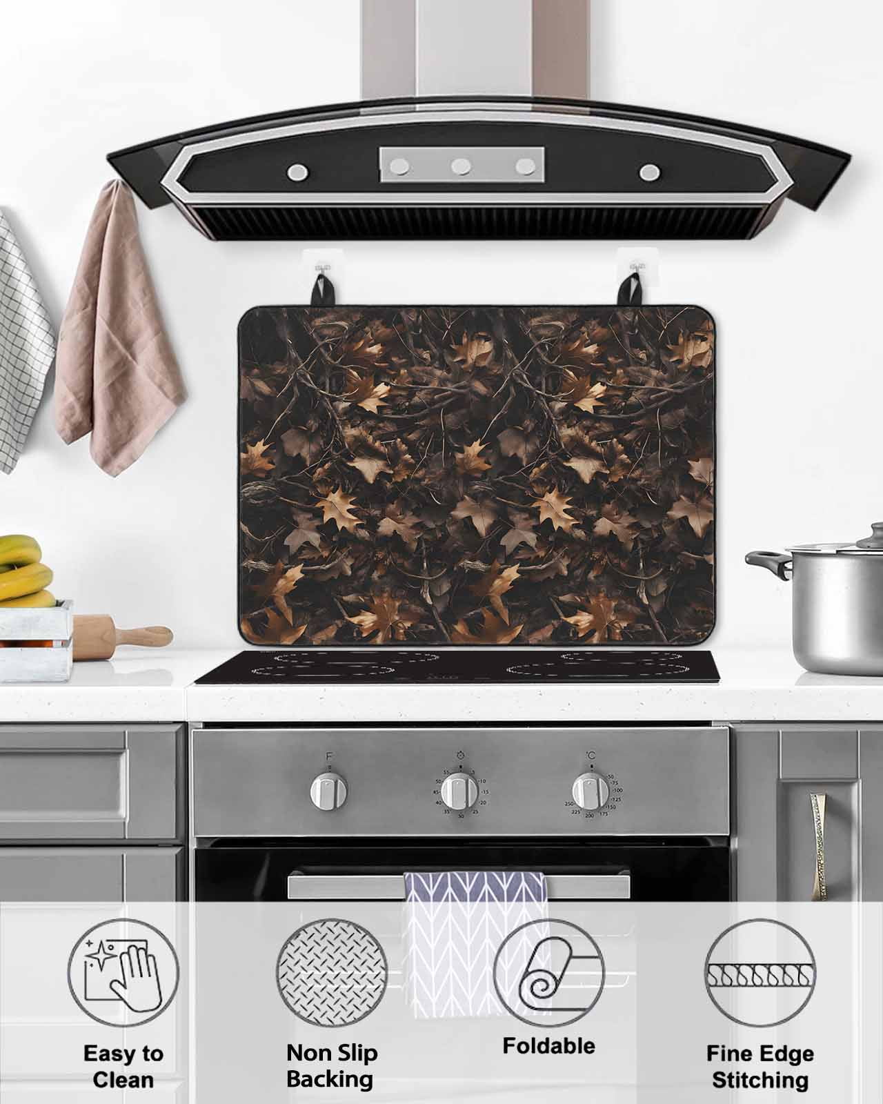 nqOlkjepod Large Induction Cooktop Protector Mat 24"x21", Withered LeavesVintage Brown Botanical Stove Top Covers for Electric Stove, Decorative Stove Burner Cover Mats, Glass Top Stove Cover