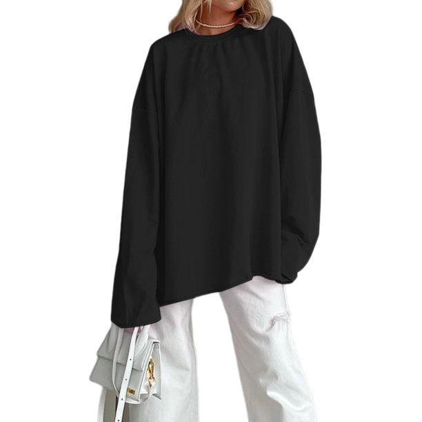 Blusa Mangas Largas Camisa básica para mujer, Top informal con cuello redondo, Top extragrande, traje de vacaciones de Color sólido Ygjytge Negro T L para Mujer