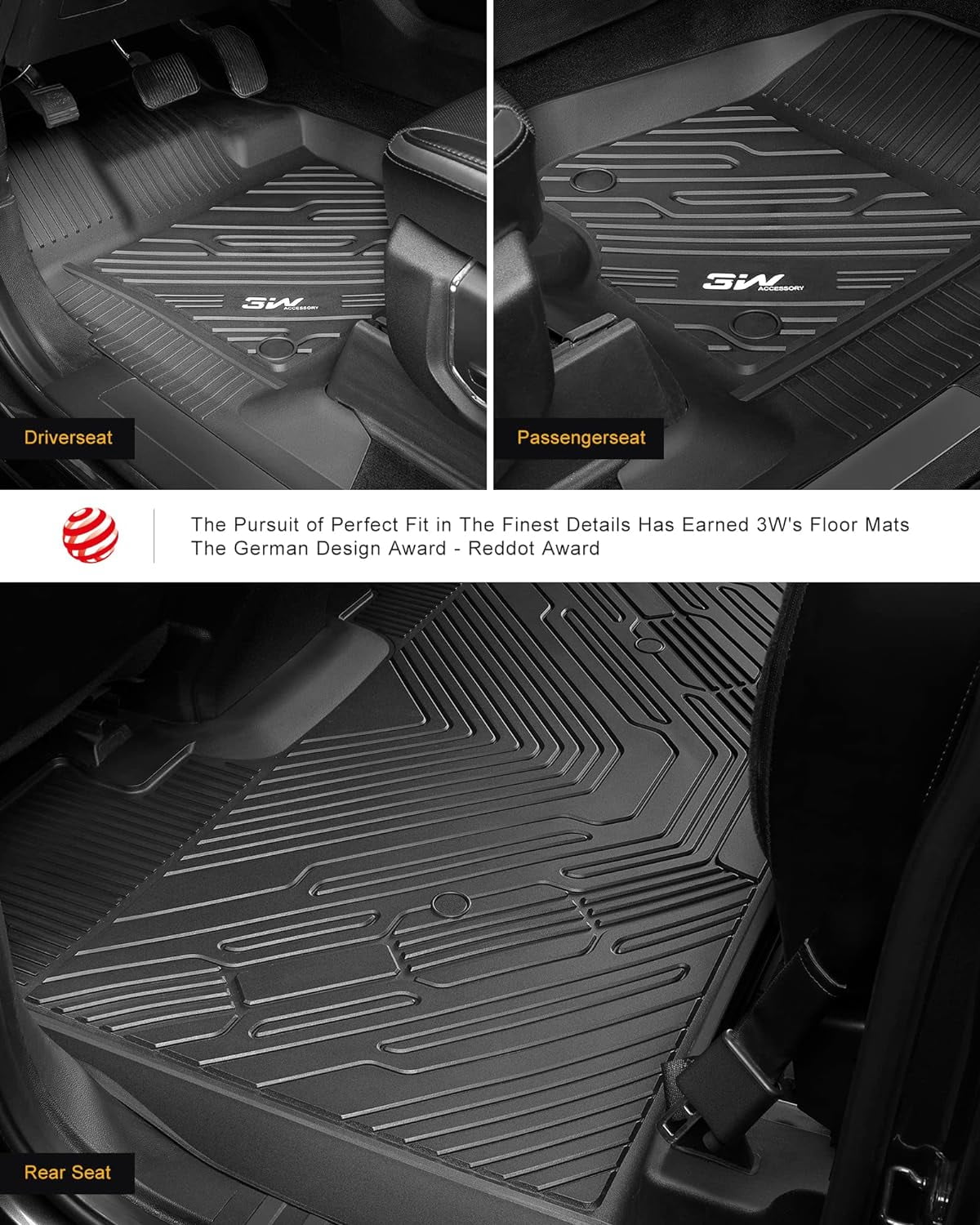 3W Floor Mats for Ford F150 SuperCrew Cab 2015-2025 TPE All Weather Custom Fit 1st and 2nd Row Full Set Car Liners Black