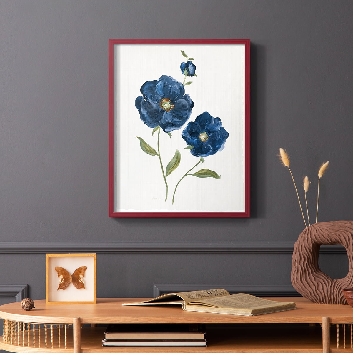 Blue Poppies Framed Print in Red Solid Wood Framed Print No Nail Hanging