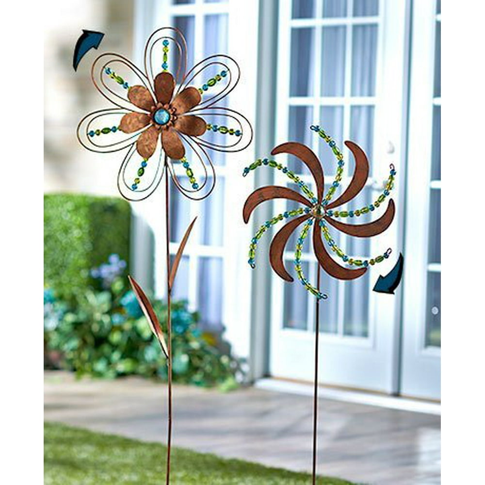 Set of 2 Beaded Garden Spinners Flower and Pinwheel