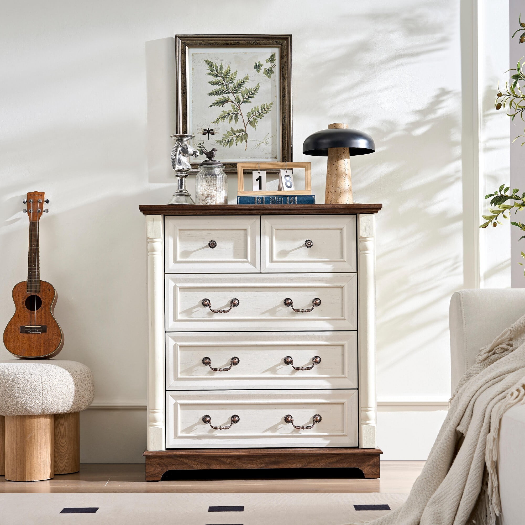 DEALTOPS 5-Drawer Farmhouse Dresser, Vertical Storage Chest with Solid Wood Columns, Shabby Chic Cabinet, White