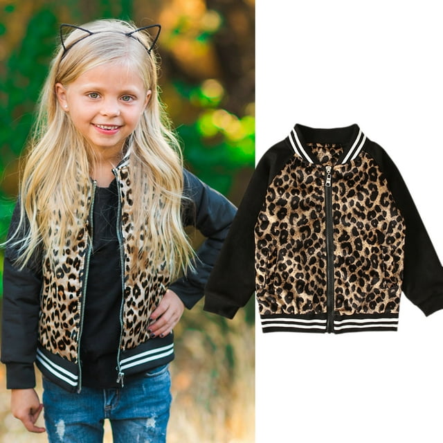 Filles Enfants Printemps, Automne et Hiver Motif Imprimé Léopard Couleur-Blocage à Manches Longues Chemise à Glissière Baseball Veste à Col Rond