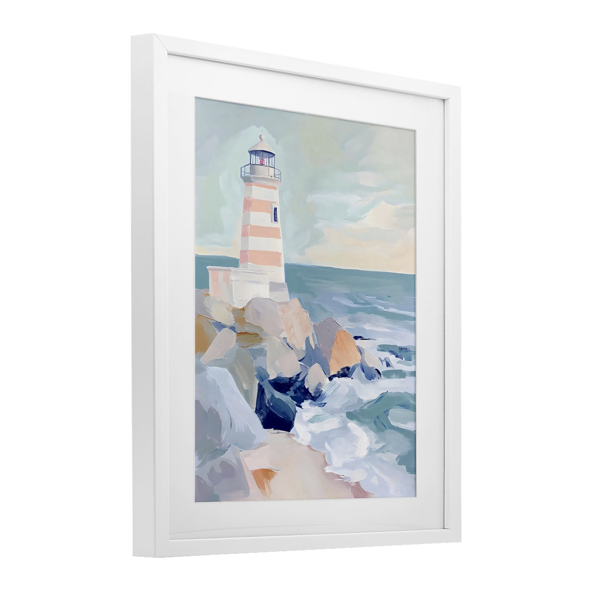 Stupell Industries Coastal Lighthouse in Pastels White Framed Print Under Glass, design by Creative Studio