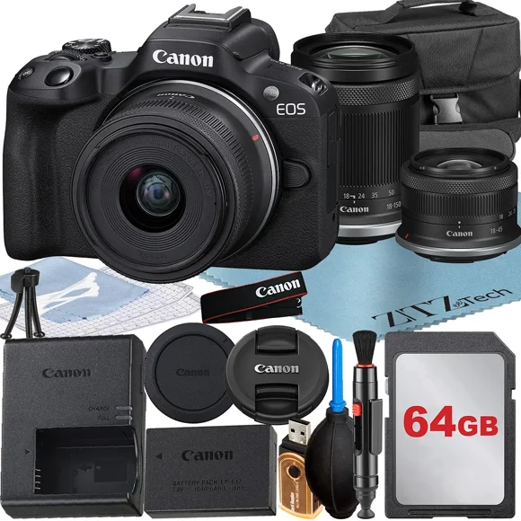 Canon EOS R50 Mirrorless Camera with RF-S 18-45mm + 18-150mm Lens + 64GB Memory Card + Case + ZeeTech Accessory Bundle