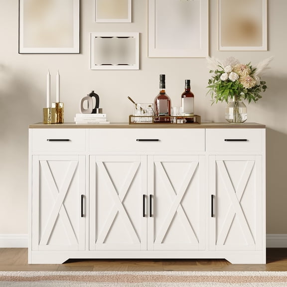 55" Farmhouse Buffet Sideboard Cabinet - Wood Top Kitchen Credenza Coffee Bar, 3 Drawers & 4 Doors with Adjustable Shelves, Storage Console for Dining Room/Living Room Cabinet white tabletop wood