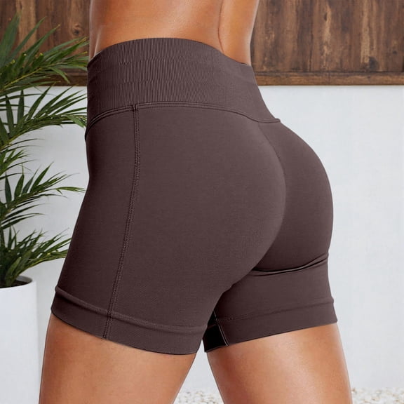 Yoga Shorts for Women Slim Fit High Waist Lifting Stretchy Solid Print Lightweight Gym Shorts for Sporty Wear Brown L