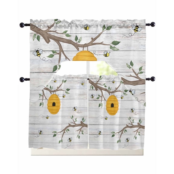 Bees Branches Swag Kitchen Curtains Sets for Windows 24 Inch Length, Farmhouse Spring Botanical Wooden Short Window Curtain Panels Swags Valances and Tiers 3 Piece Set for Cafe/Dining Room