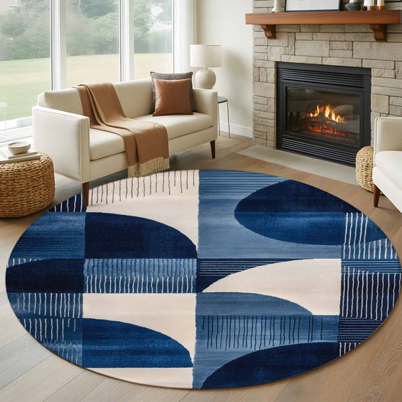 Round Rugs 5Ft, Navy Blue Geometric Round Area Rug Washable Indoor Throw Carpet, Abstract Art Color Block Soft Non Slip Circle Rug for Cabinet Bathroom Home Decor Aesthetic