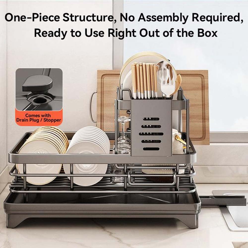 Foldable Over Sink Dish Drying Rack, Pull-Out 2-Tier Dish Drainer with Utensil Holder, Space Saving Kitchen Organizer for Small Kitchens