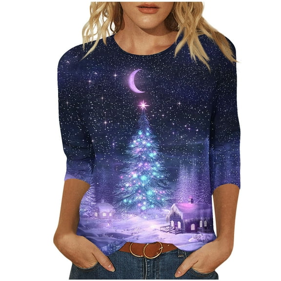 GERsome Christmas Shirts for Women Xmas Tree Graphic Tee 3/4 Length Sleeve Tshirts Crew Neck Loose Fit Pullover Tops Christmas Party Shirts Size M