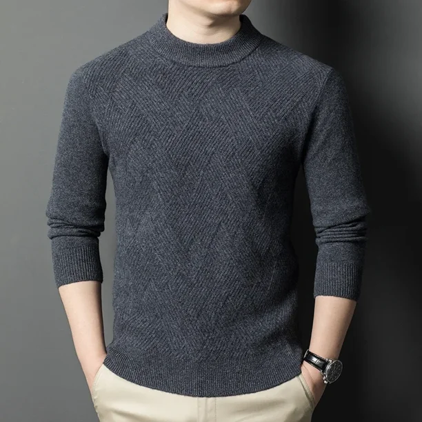 Suéter de otoño e invierno 2024 nuevo suéter de cuello alto medio grueso de jacquard natural para hombre, ropa interior informal de punto, suéter de manga larga