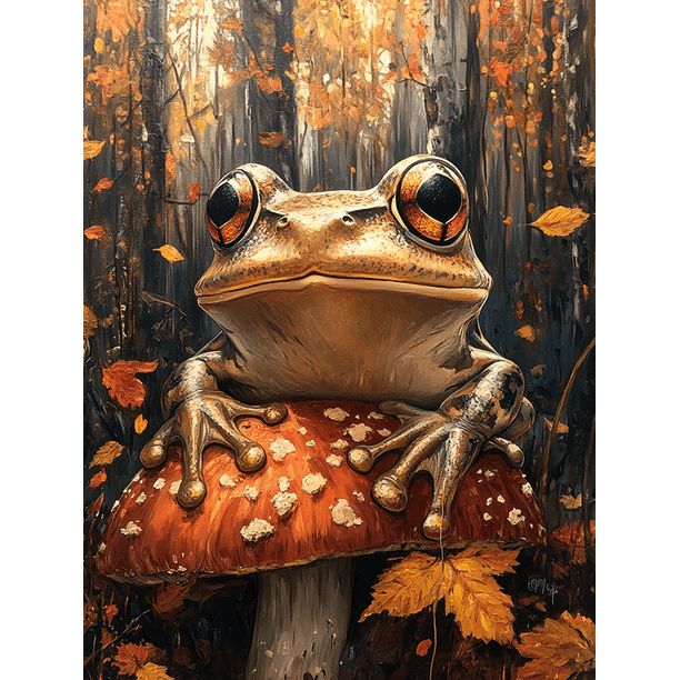 Qisvanset 12x16 Inch Frog Mushroom Canvas Wall Art, Autumn Forest Fairy Tale Wildlife Art Nature Style Home Decor