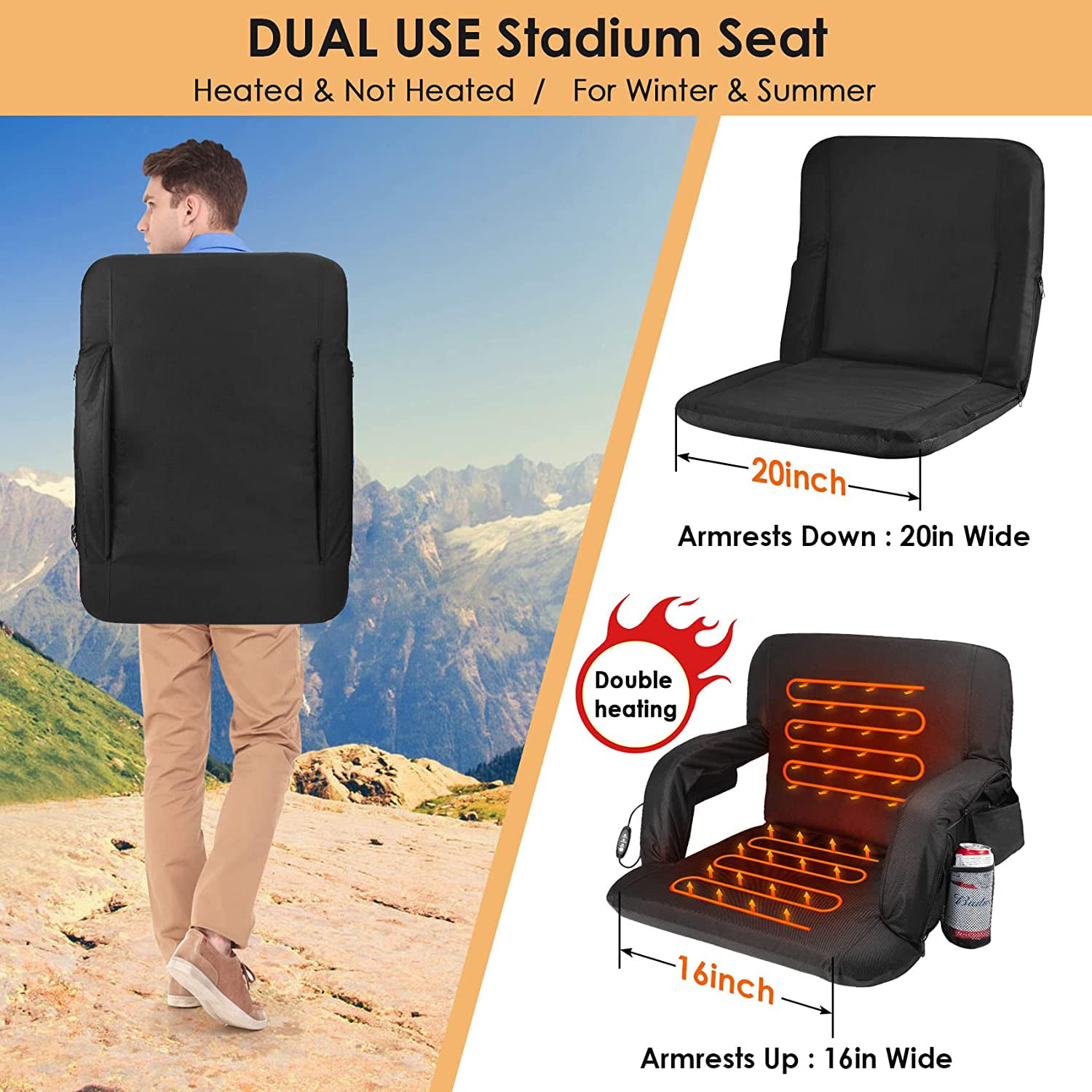 20 Double Heated Stadium Seats for Bleachers with Back Support 20 Wide  Cushion, Extra Portable Bleacher Seat Foldable Stadium Chair, USB 3 Levels  of Heat, 5 Pockets for Outdoor Camping Games Sports 