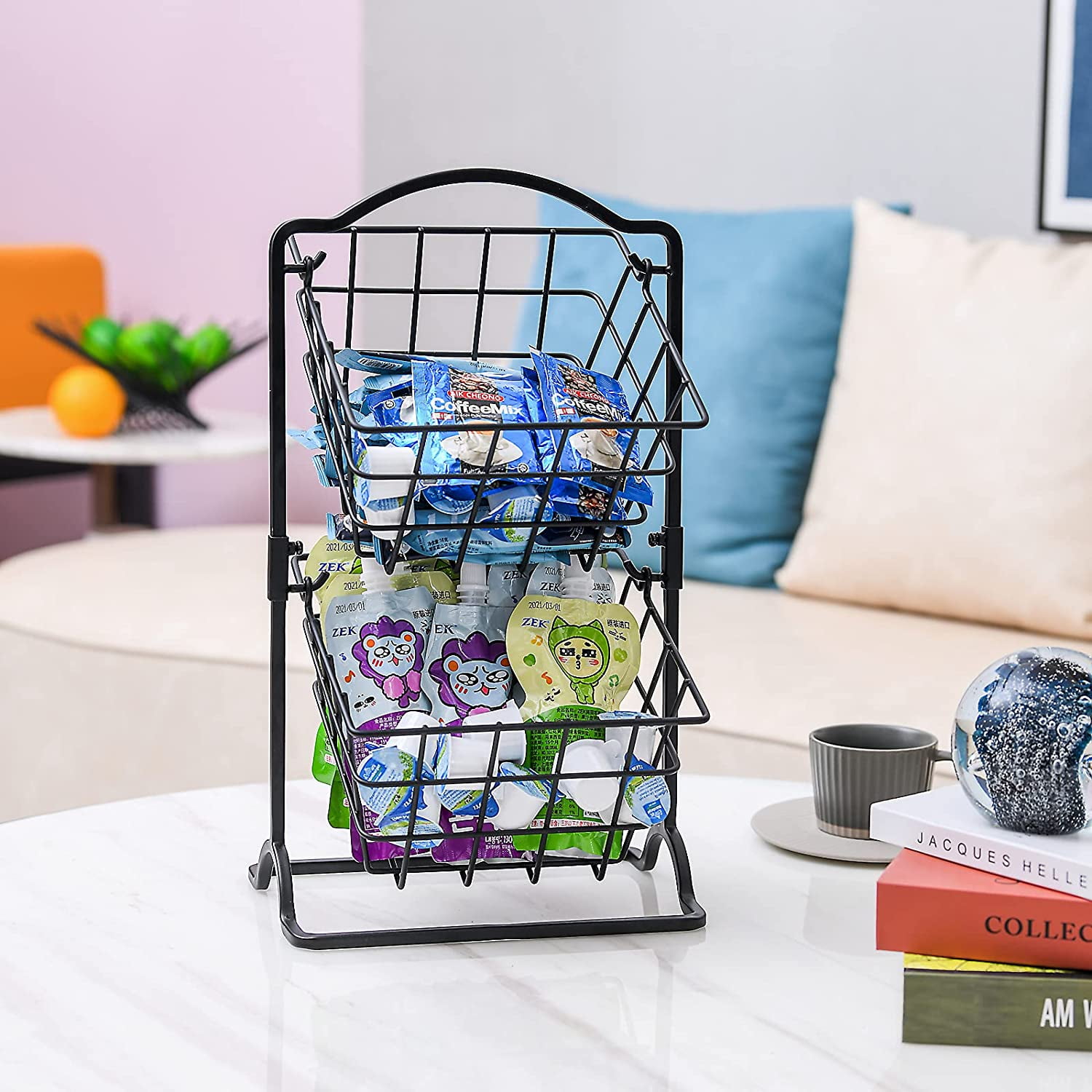 Wetheny 2 Tier Iron Fruit Basket Fruit Bowl for Kitchen Counter,Bread,Fruit and Vegetable Holder Storage Basket,Wire Hanging Basket stand for Kitchen Organizer, Matte Black