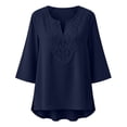 thumbnail image 4 of Womens Summer Shirts Lace V Neck 3/4 Sleeve Curved Hem Cotton Linen Oversized Tshirts for Women Blue XL, 4 of 4