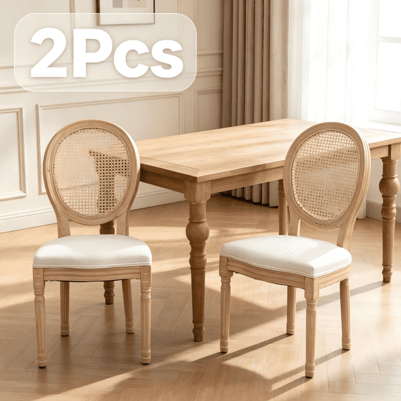 Imountek French Style Oval Rattan Back Dining Chairs Set of 2, Solid Wood Kitchen Side Chairs for Dining Room, Living Room & Restaurant, Beige