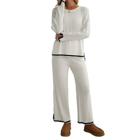 Womens Two Piece Outfits Casual Long Sleeve Knit Sweater Tops Matching Wide Leg Pants Tracksuit Lounge Sets White S