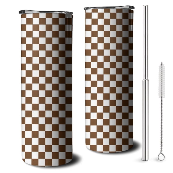 20oz Brown and White Checkerboard Pattern Skinny Tumblers Stainless Steel Tumbler with Lid and Straw,Vacuum Insulated Double Wall Travel Tumbler Cups with Cleaning Brush for Coffee,Tea