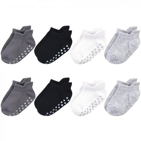 Touched by Nature Baby and Toddler Boy Organic Cotton Socks with Non-Skid Gripper for Fall Resistance, Solid Black Gray, 6-12 Months