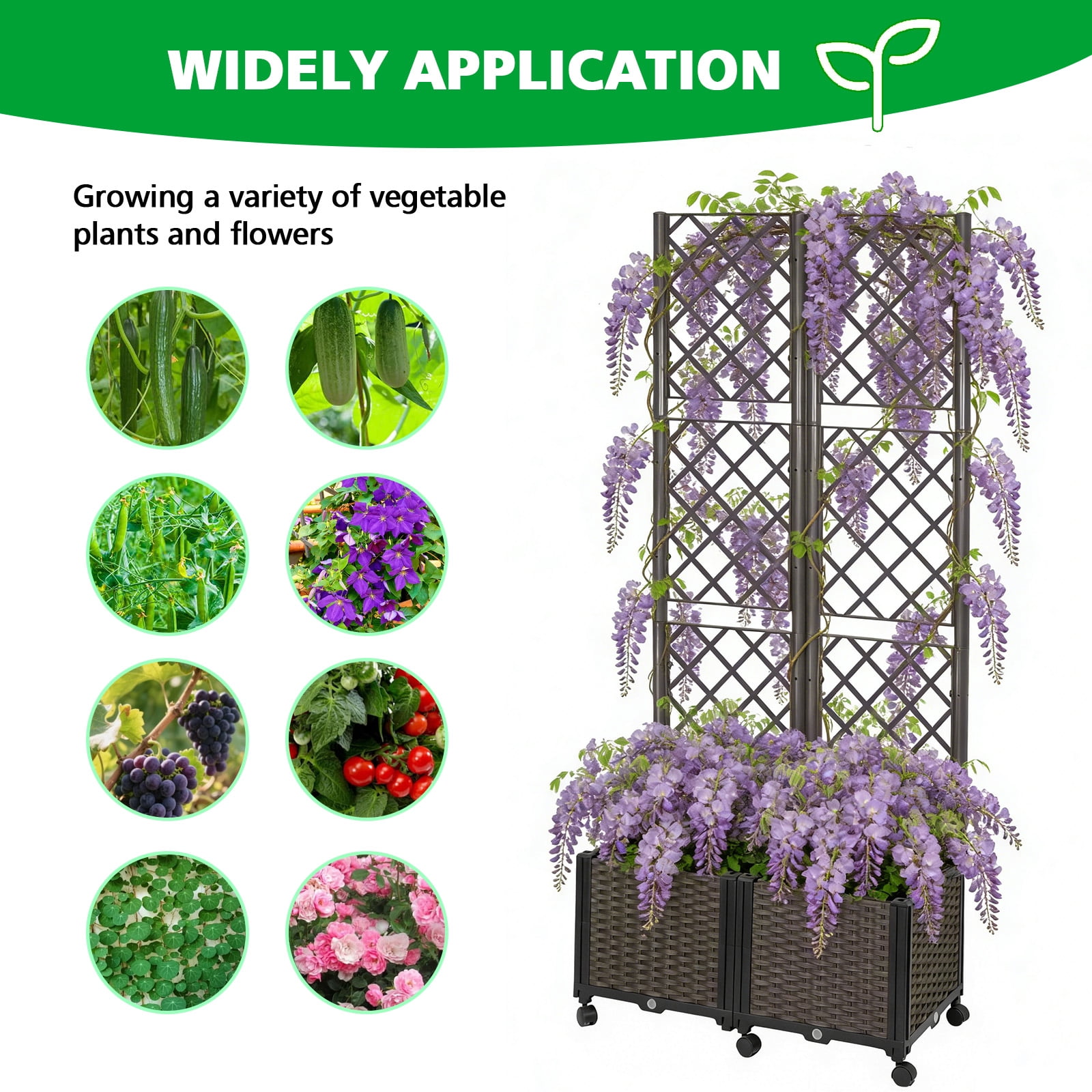 ROMUCHE Trellis Planter on Wheels, Self Watering Garden Planter Box with Drainage Hole for Climbing Plant Vegetable Flower