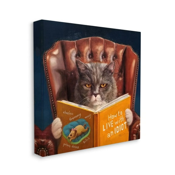 Angry Cat Reading Dog Book Feline Pet Humor Animals & Insects Gallery-Wrapped Canvas Print Wall Art, 17x17