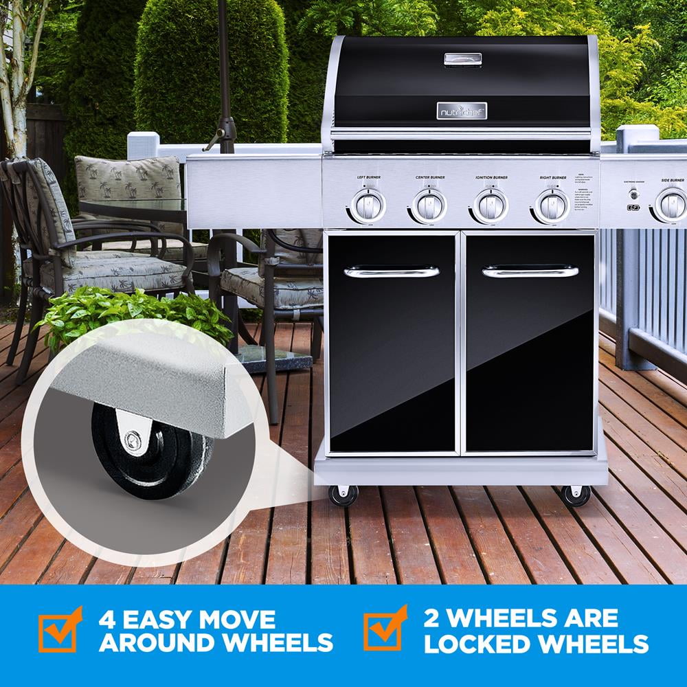Heavy-Duty 5-Burner Propane Gas Grill - Stainless Steel Grill, 4 Main Burner with 1 side burner, 52,000 BTU Grilling Capacity, Electronic Ignition System, Built-in Thermometer - NutriChef NCGRIL2
