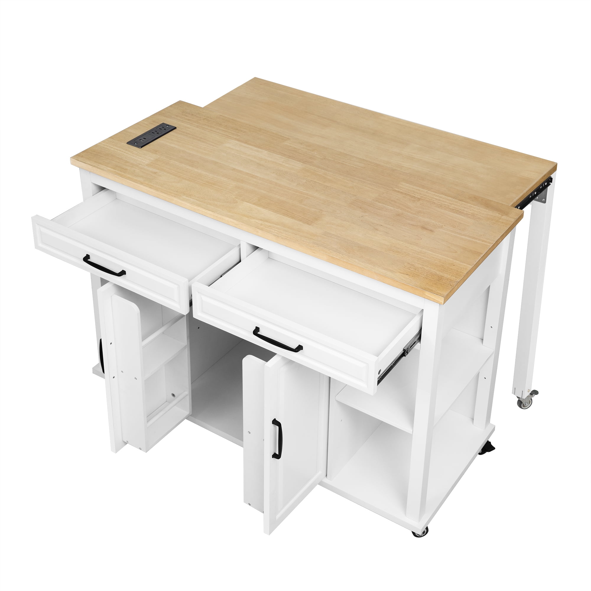Homy Casa Kitchen Serving Cart with Extendable Table, Drawers, Power Outlet, for Dining Room, White