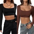 thumbnail image 1 of Women's 2 Piece Crop Top Ribbed Seamless Workout Exercise Long Sleeve Crop Tops Casual Basic Tees, 1 of 6