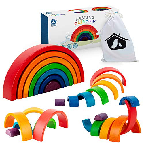 Wooden Rainbow Stacking Blocks Montessori Kids Preschool Educational Toys 