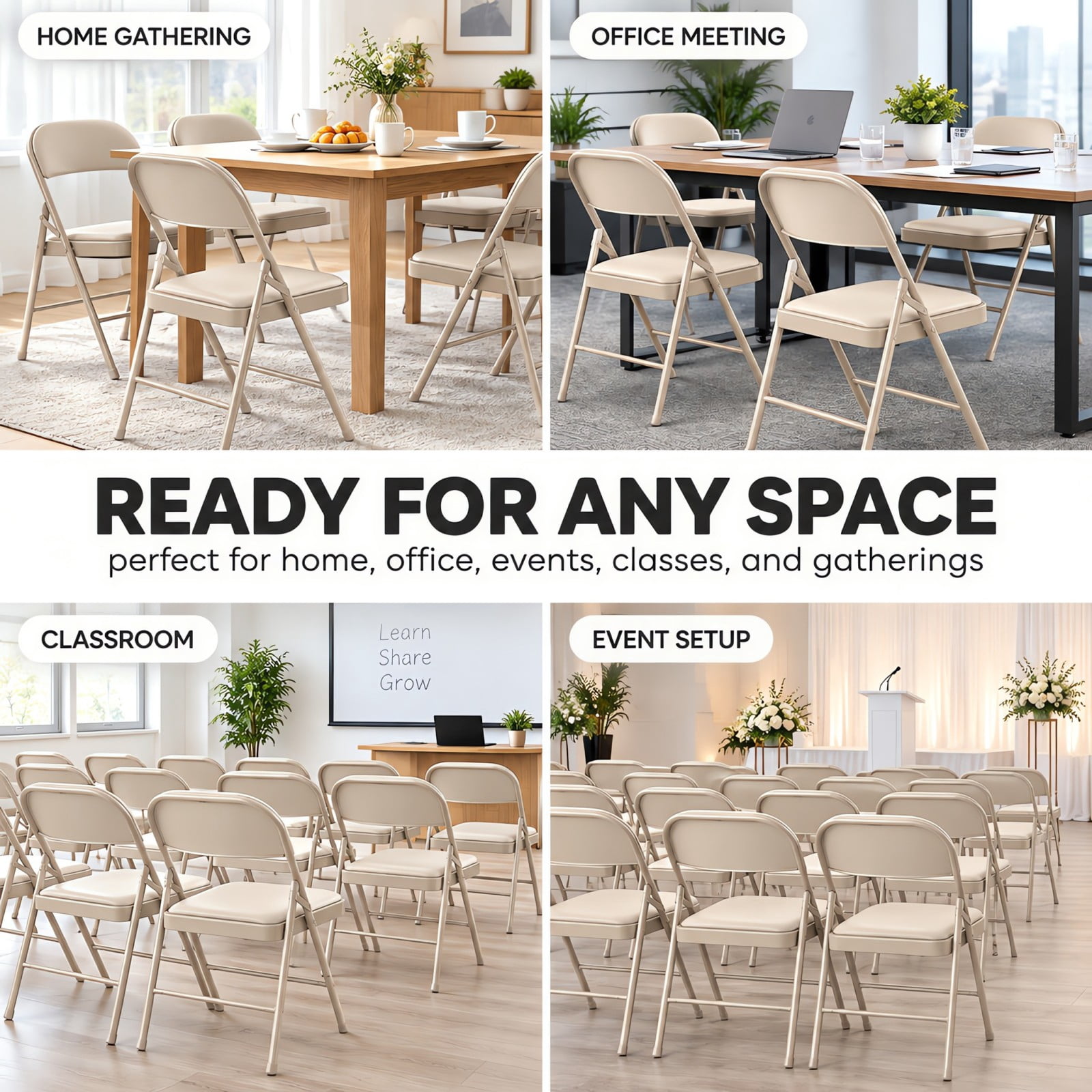 Telyra 4 Pack Folding Chairs Leather Padded Seat and Backrest Foldable Metal Chairs for Indoor Outdoor Use,khaki