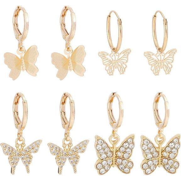 4 Pairs Butterfly Hoop Earrings for Women Gold Dangle Huggie Earrings Lightweight Rhinestone CZ Drop Earrings Charm DIY