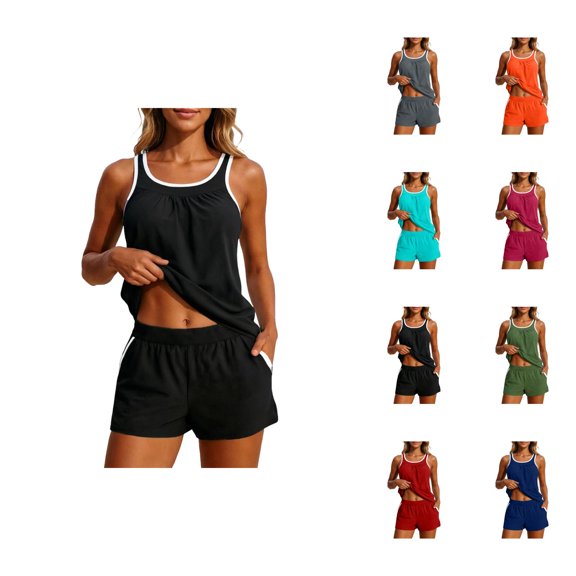 Tankini Swimsuits for Women Modest Blouson Tank Top Swim Shorts with Pockets Two Piece Swimsuit Bathing Suit