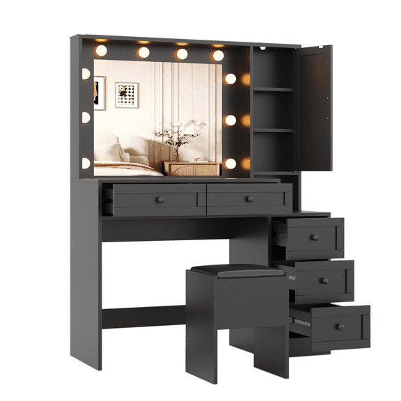 Modern White Vanity Stool Set, Farmhouse Makeup Table and Upholstered Stool with Lighted Mirror, Power Outlets, 6 Drawers, a Door Cabinet, Small Wooden Vanity Desk for Bedroom