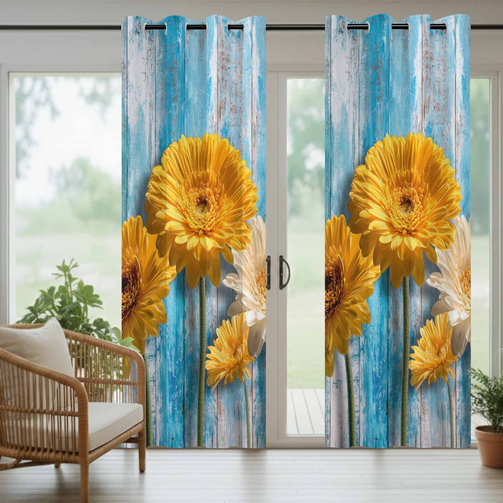 White and Yellow Daisy Outdoor Curtains for Patio, Minimalist Art Floral Blue Wood Grain Sunshade Privacy Drapes Grommet Waterproof Outside Curtains for Porch/Cabana/Balcony 54"x 108", 1 Panel
