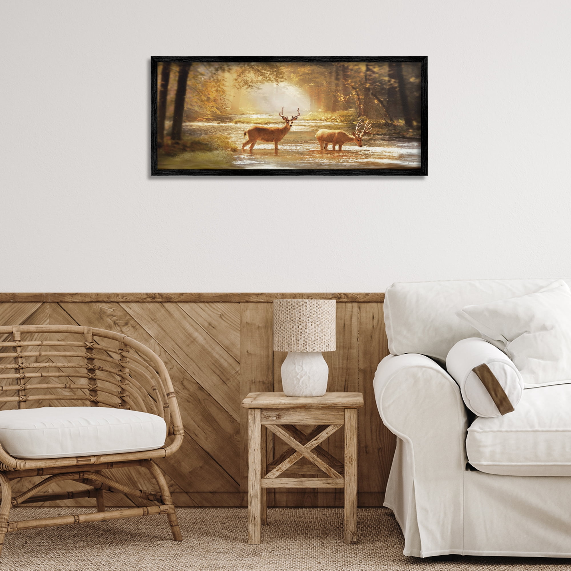 Stupell Industries Deer in Sunlit Grove Landscape Painting Black Framed Art Print Wall Art, 30 x 13