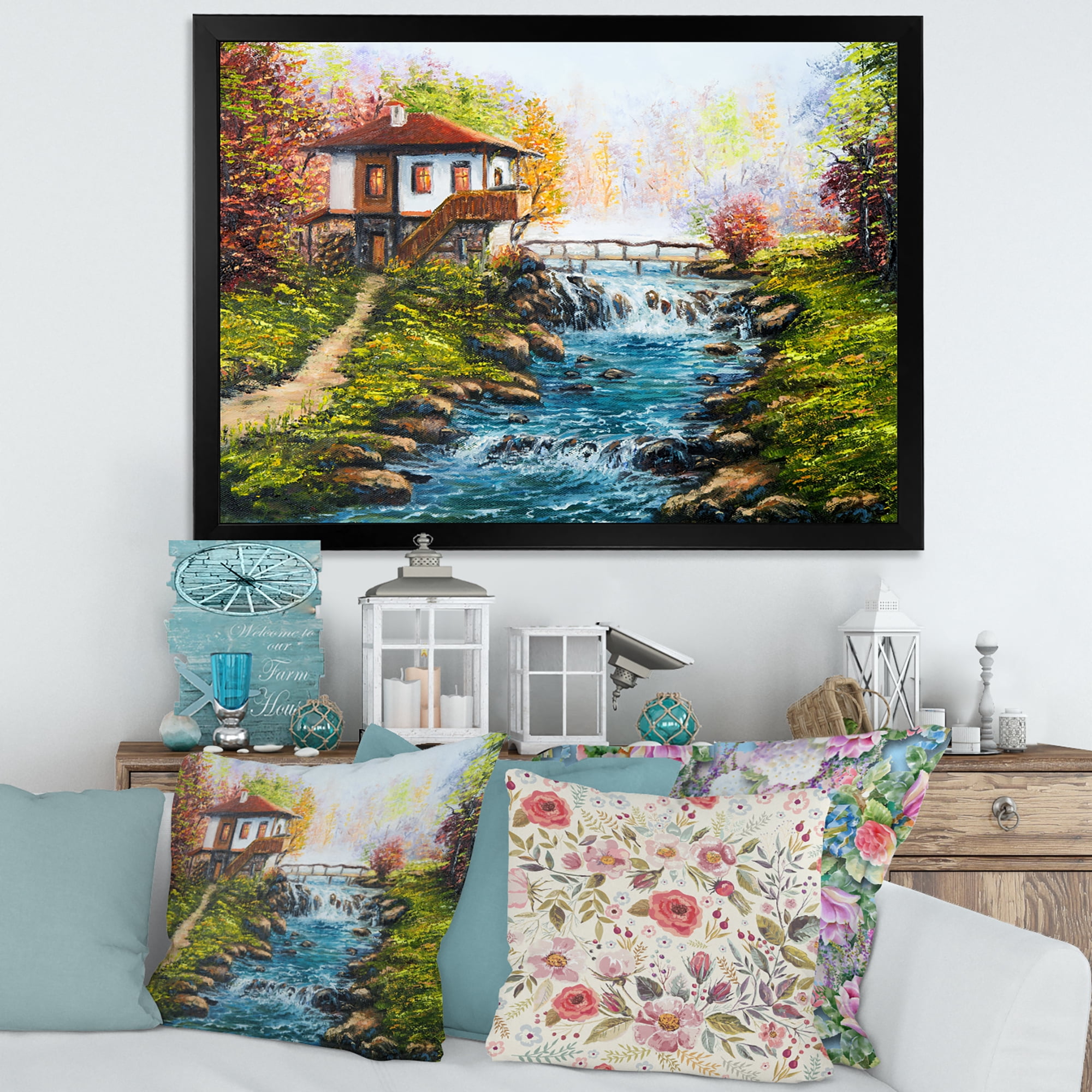 Designart 'Traditional Bulgarian River and House' Lake House Framed Art Print