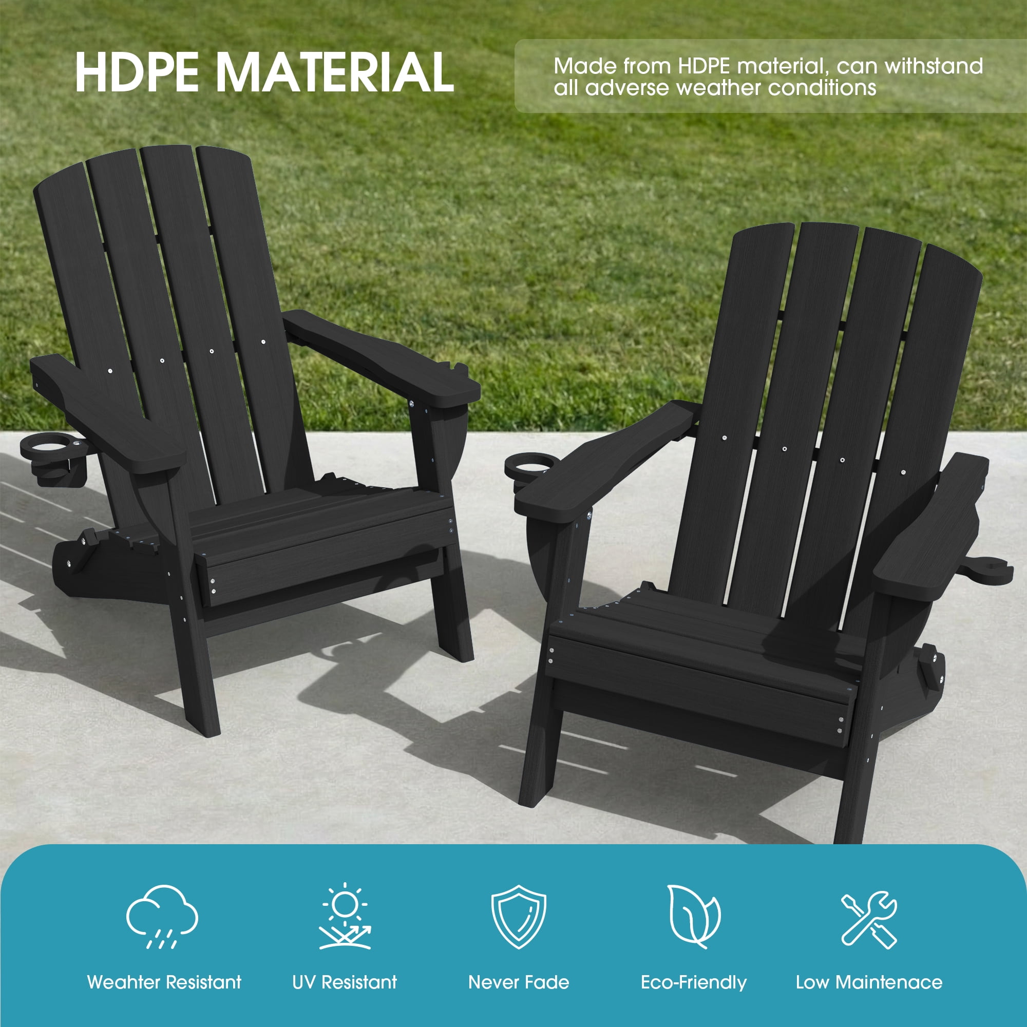 SUUNYN Folding Adirondack Chairs Set of 4, HDPE Patio Chairs, Black